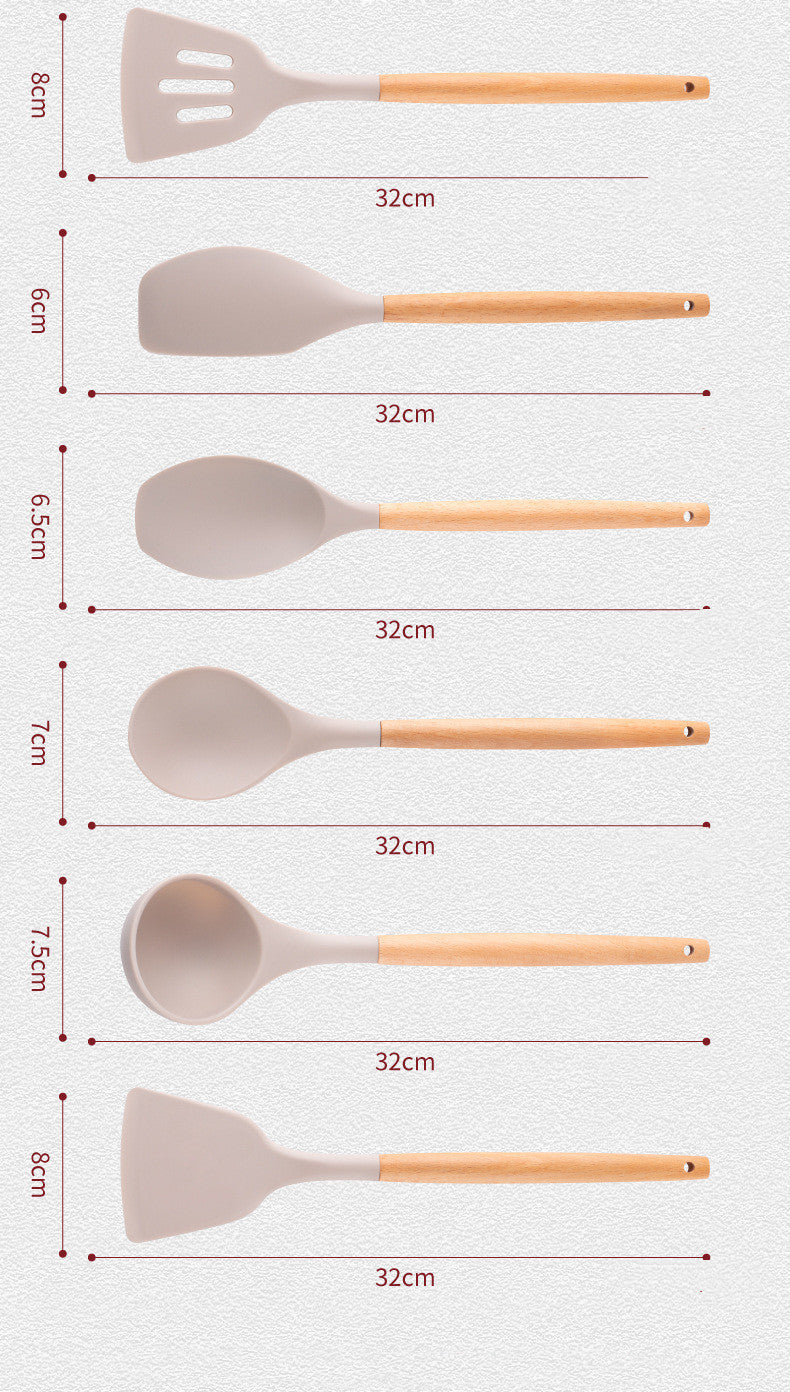 Set d’Ustensiles de Cuisine en Silicone avec Manche en Bois – Avec Support