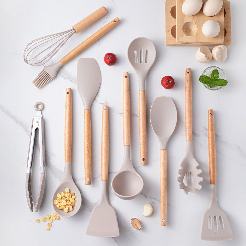 Set d’Ustensiles de Cuisine en Silicone avec Manche en Bois – Avec Support
