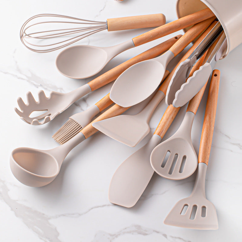 Set d’Ustensiles de Cuisine en Silicone avec Manche en Bois – Avec Support