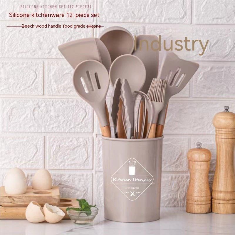 Set d’Ustensiles de Cuisine en Silicone avec Manche en Bois – Avec Support