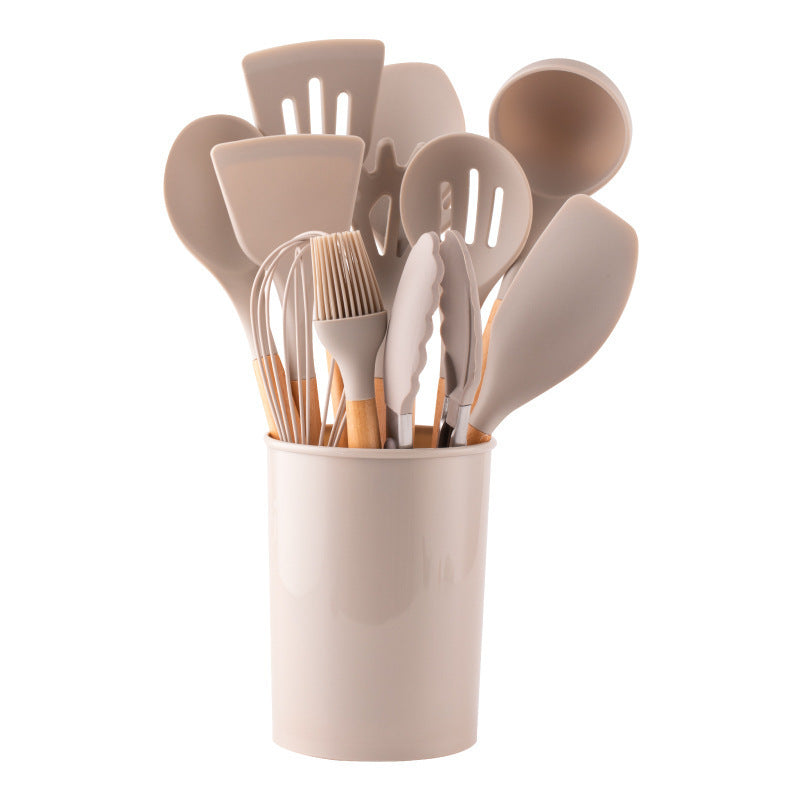 Set d’Ustensiles de Cuisine en Silicone avec Manche en Bois – Avec Support