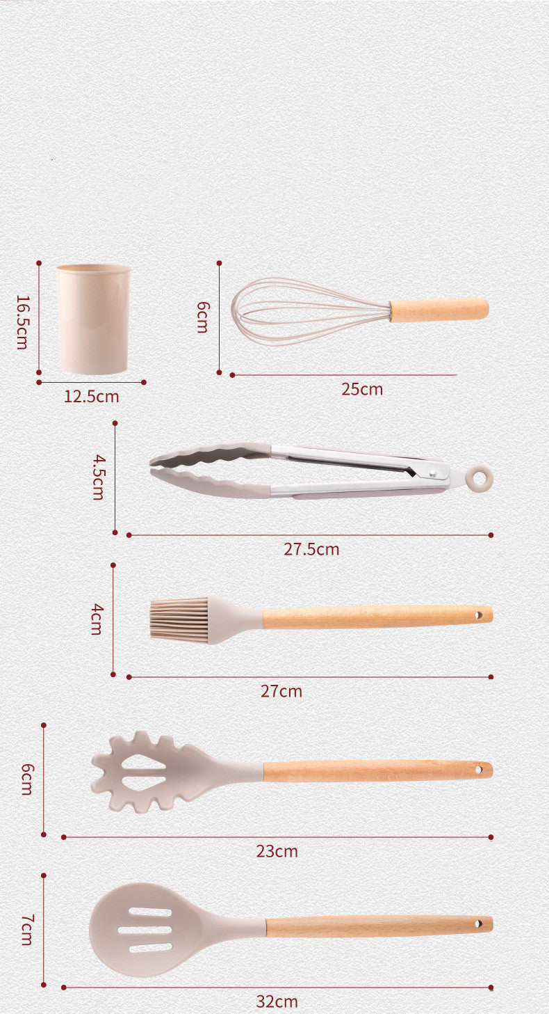 Set d’Ustensiles de Cuisine en Silicone avec Manche en Bois – Avec Support