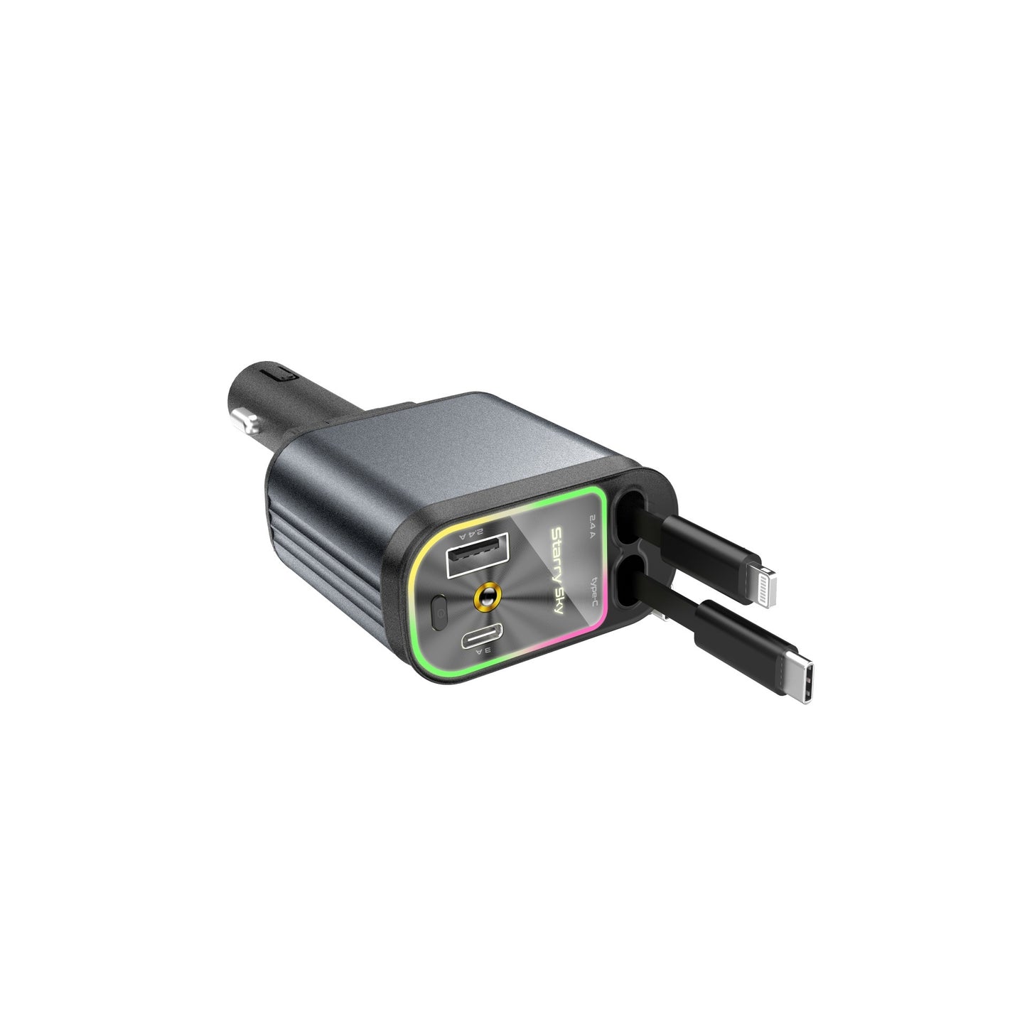 Chargeur de Voiture pour Téléphone Portable 4-en-1 avec Lumière Ambiance Ciel Étoilé